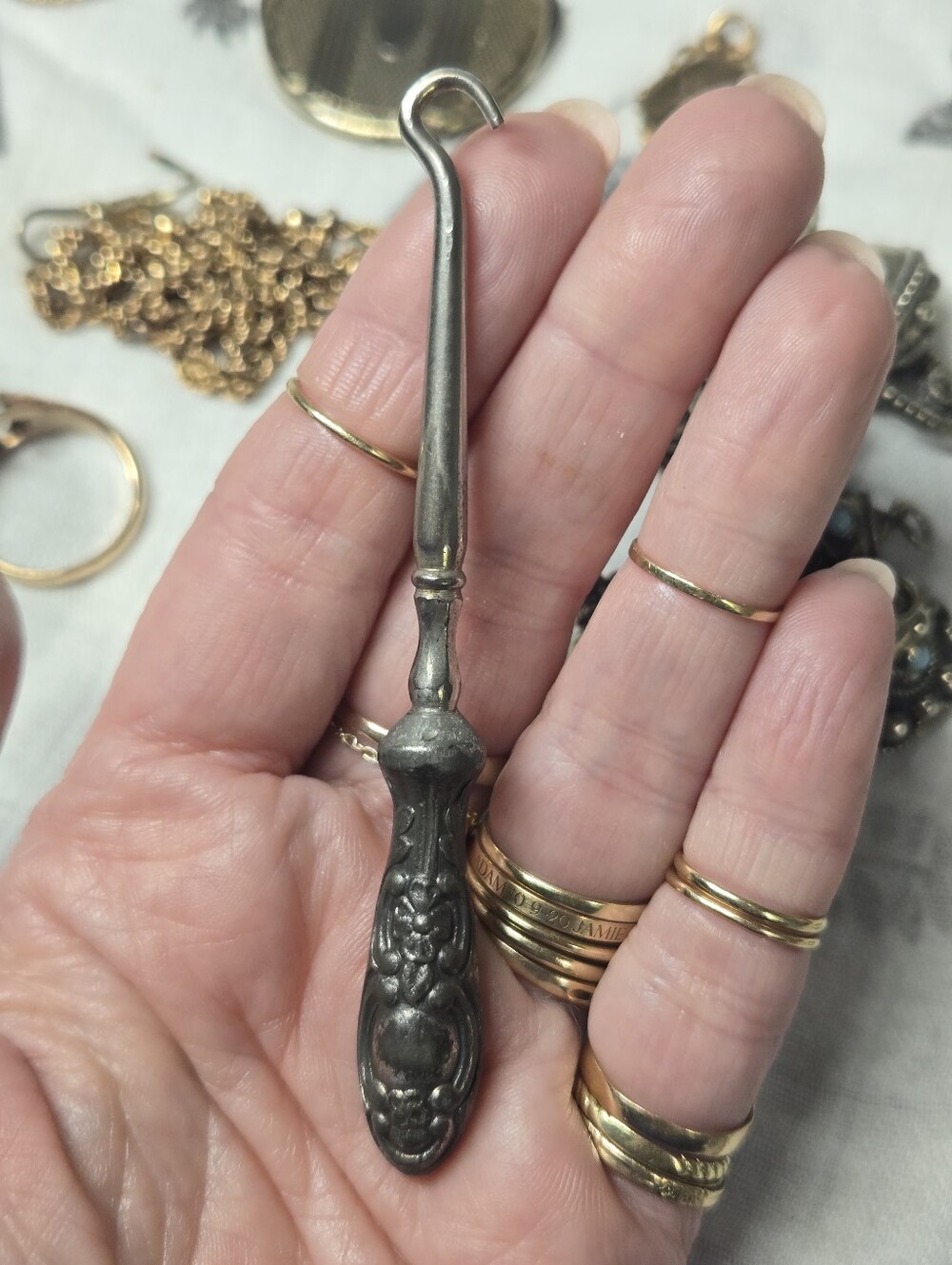 Antique Ornate Silver-Tone Buttonhook - Floral Handle